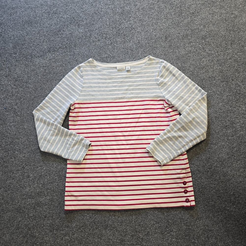 LL Bean Top Womens Size Medium Gray Sailor Stripe Boat Neck Long Sleeve Casual